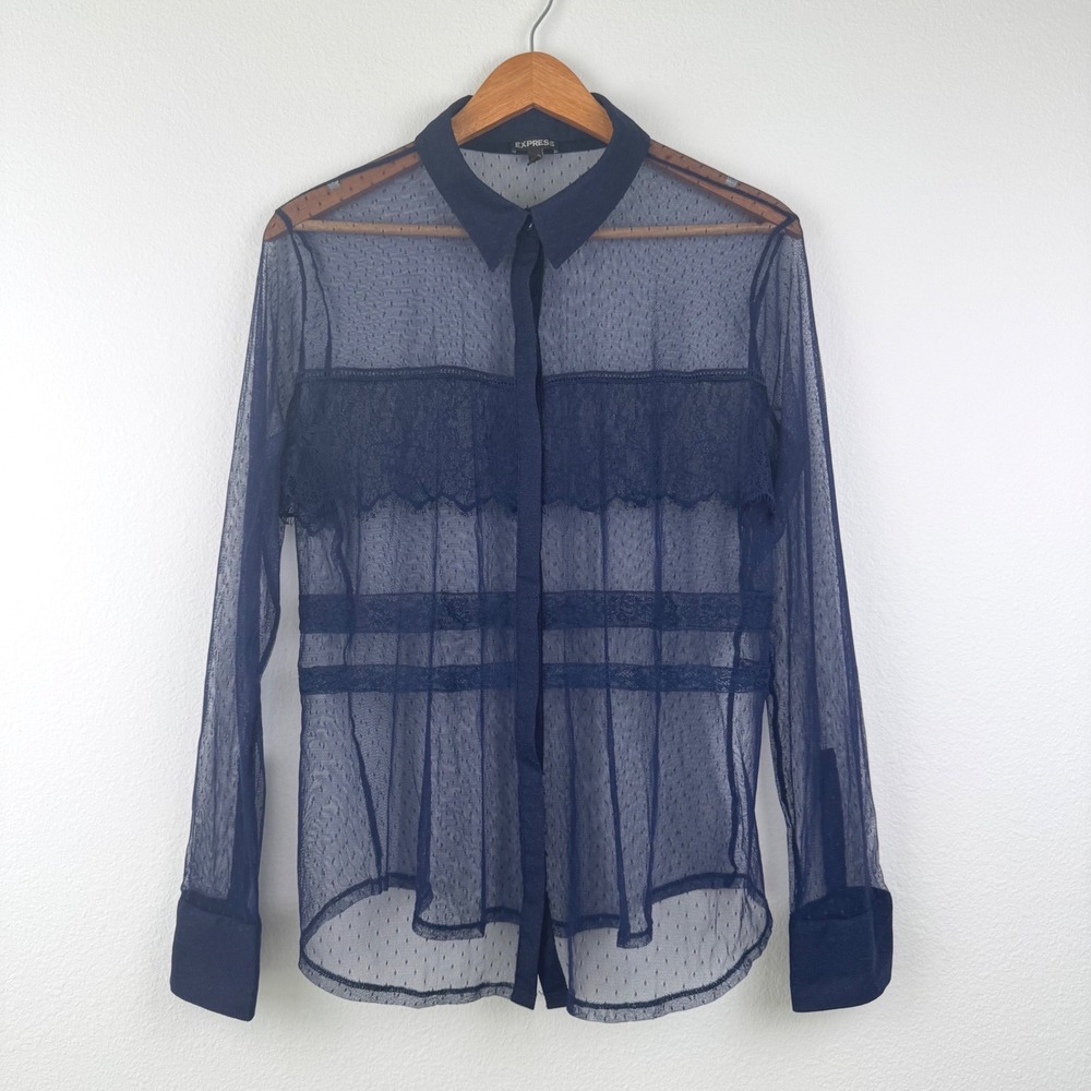 Express Blouse Women XL Navy Blue Excellent Sheer Mesh Lace Point Desprit Chic